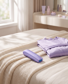 LUMORA Glow Pro IPL device resting on a bed beside a lavender robe